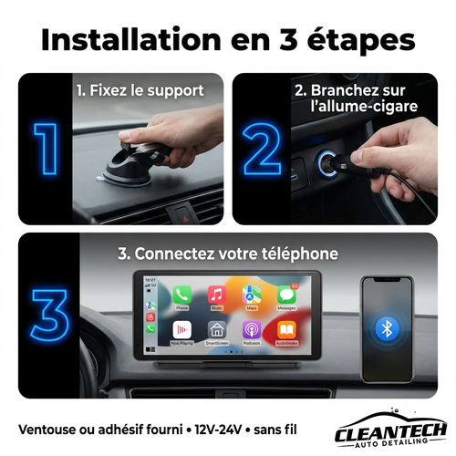 CleanTech® Écran CarPlay & Android Auto sans fil 7" – Portable, tous véhicules