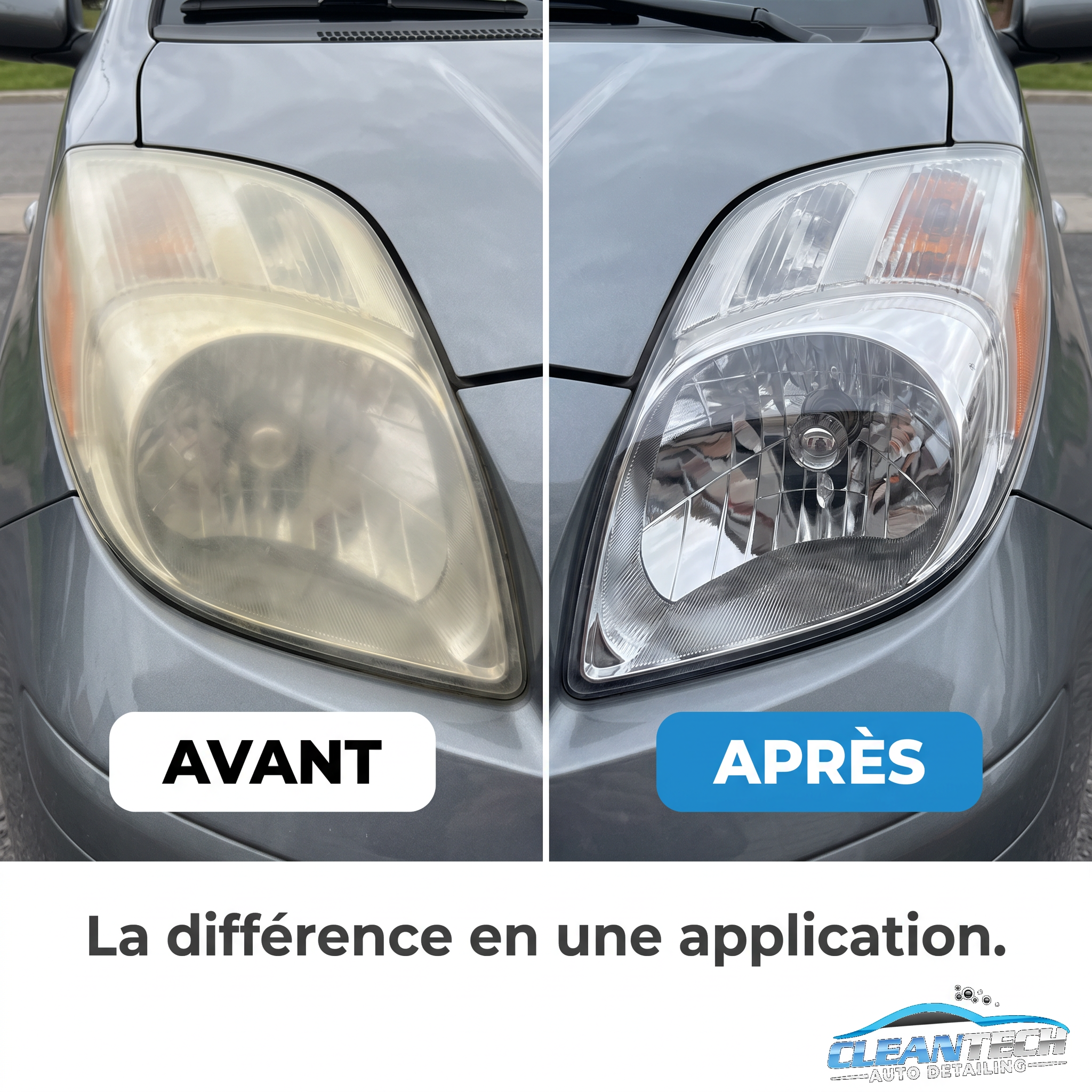 Avant / après – phare jauni devenu transparent avec le kit CleanTech