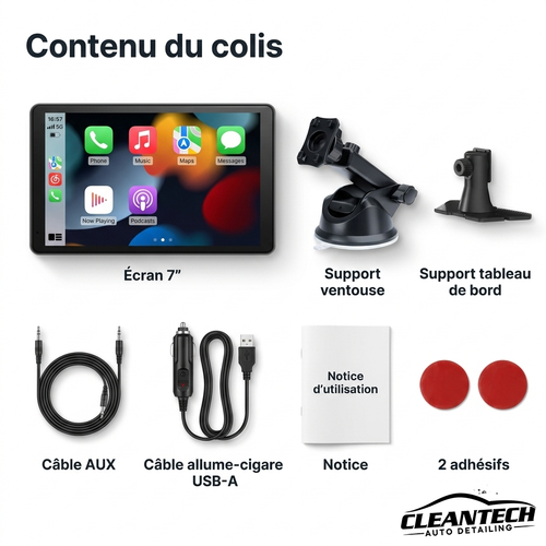 CleanTech® Écran CarPlay & Android Auto sans fil 7" – Portable, tous véhicules