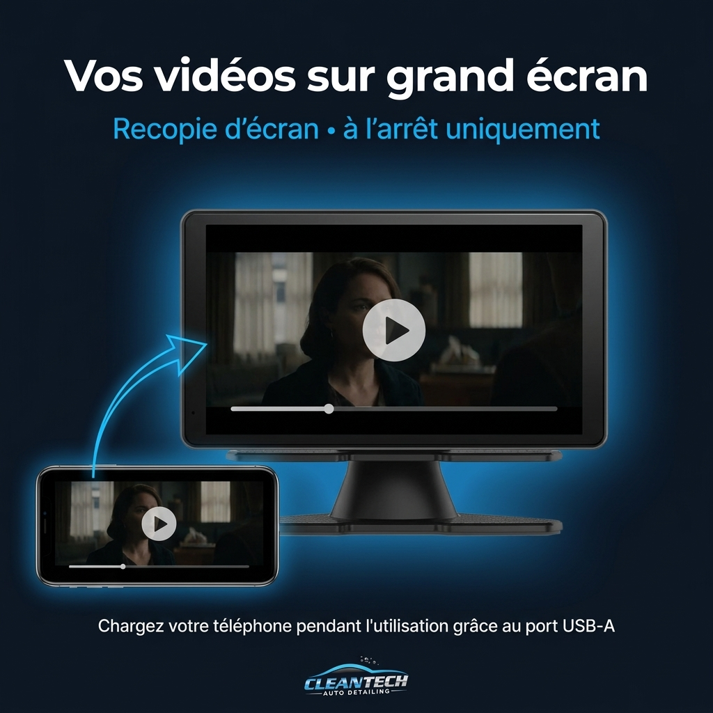 Recopie d'écran pour vos vidéos à l'arrêt, charge du téléphone via port USB-A
