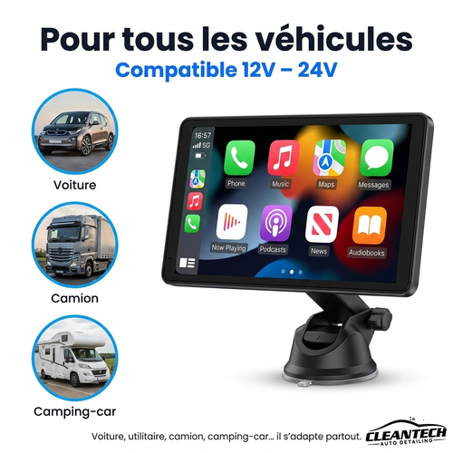 CleanTech® Écran CarPlay & Android Auto sans fil 7" – Portable, tous véhicules
