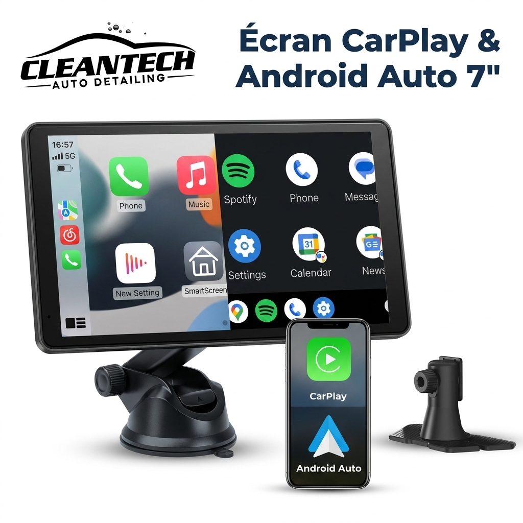 Écran CarPlay & Android Auto sans fil 7 pouces CleanTech – vue produit avec support ventouse