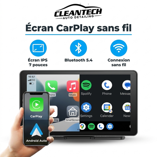 CleanTech® Écran CarPlay & Android Auto sans fil 7" – Portable, tous véhicules
