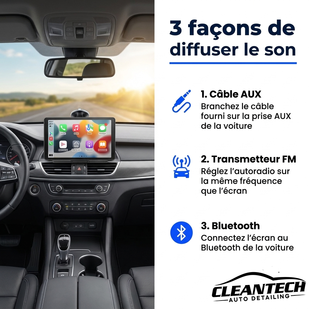 3 façons de diffuser le son : câble AUX, transmetteur FM, Bluetooth