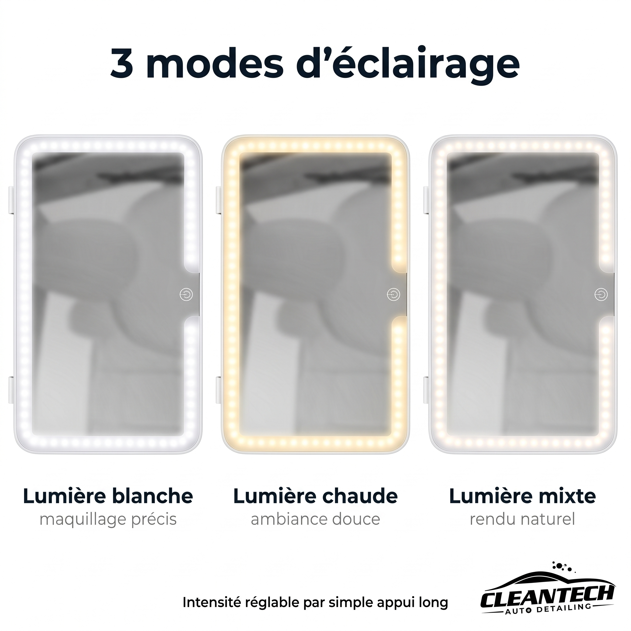 3 modes d'éclairage – lumière blanche, chaude, mixte, intensité réglable