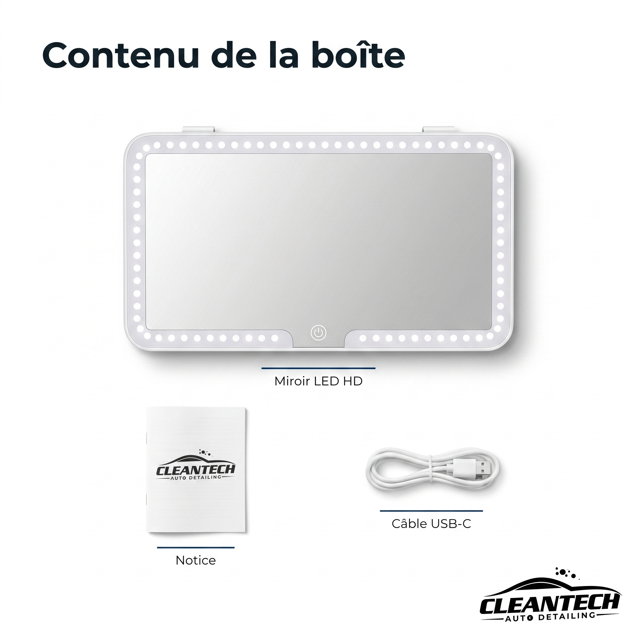 Contenu de la boîte – miroir LED HD, câble USB-C, notice