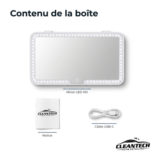 CleanTech® Miroir LED Pare-Soleil – Rechargeable, tactile, 3 modes d'éclairage