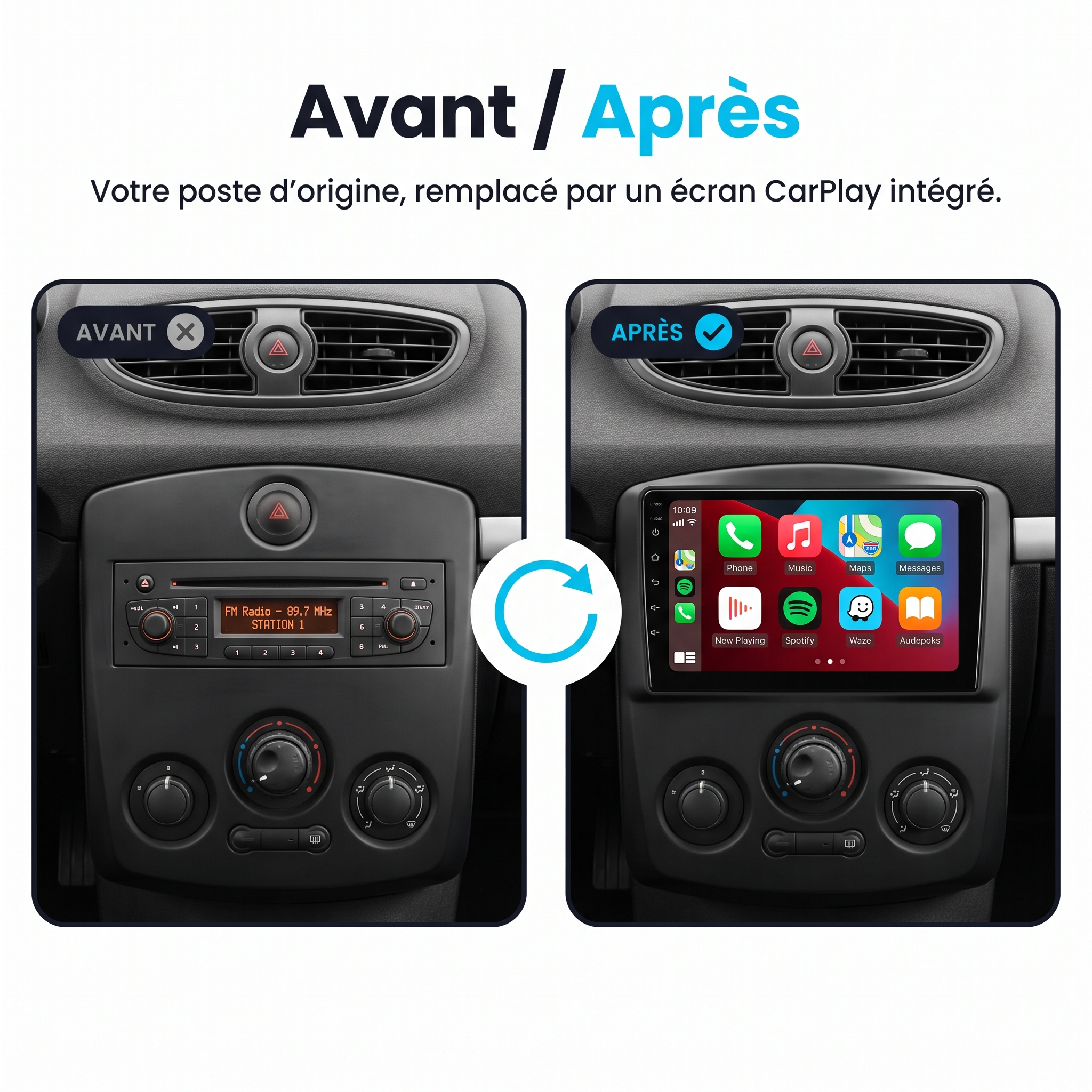 Autoradio CarPlay & Android Auto Renault CLIO 3 (2005-2014) – Avant / après : Renault CLIO 3