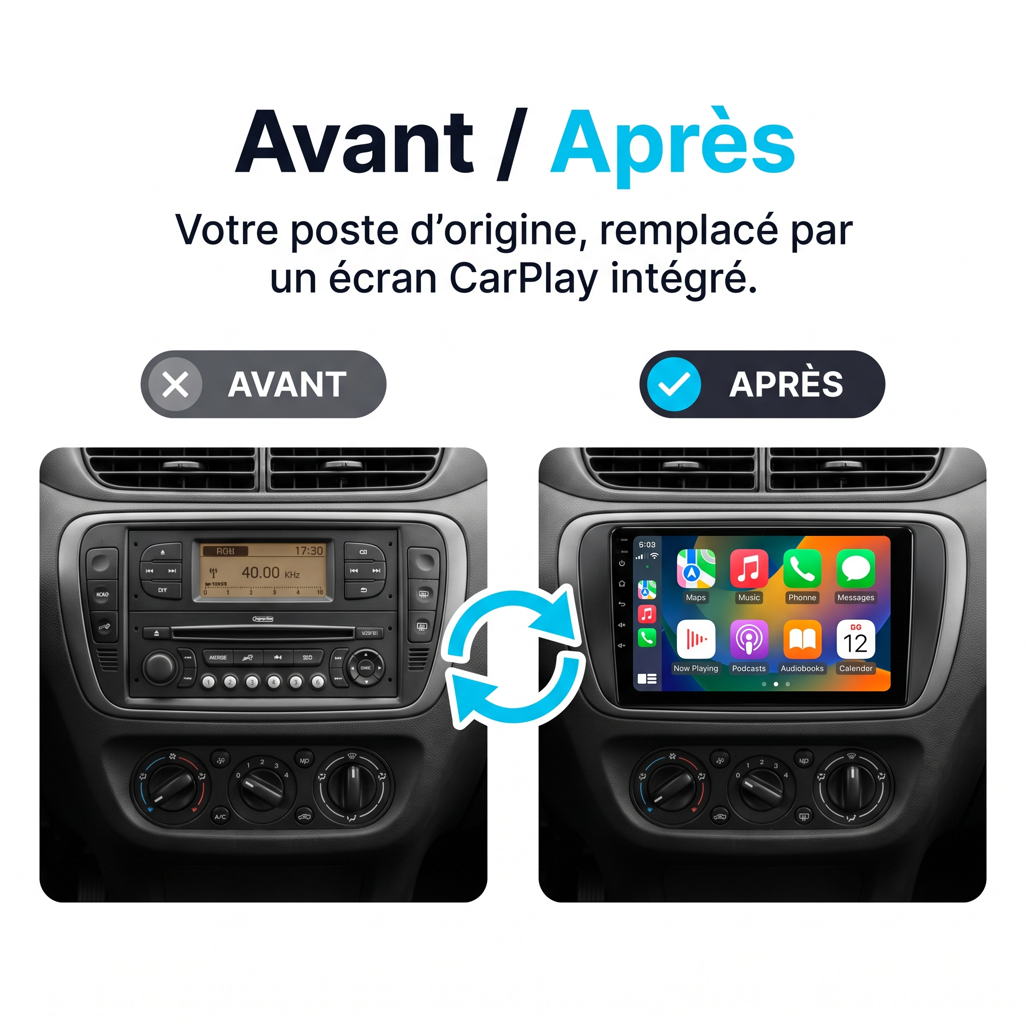 Autoradio CarPlay & Android Auto Citroën C3 (2001-2010) – Avant / après : Citroën C3