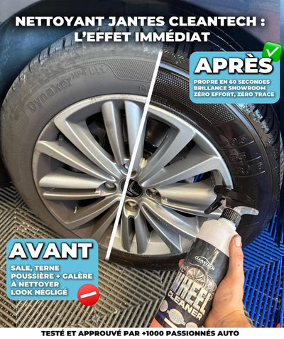 Résultat avant après du nettoyant jantes CleanTech : jante sale avec poussière de frein transformée en jante brillante et propre en 1 minute.